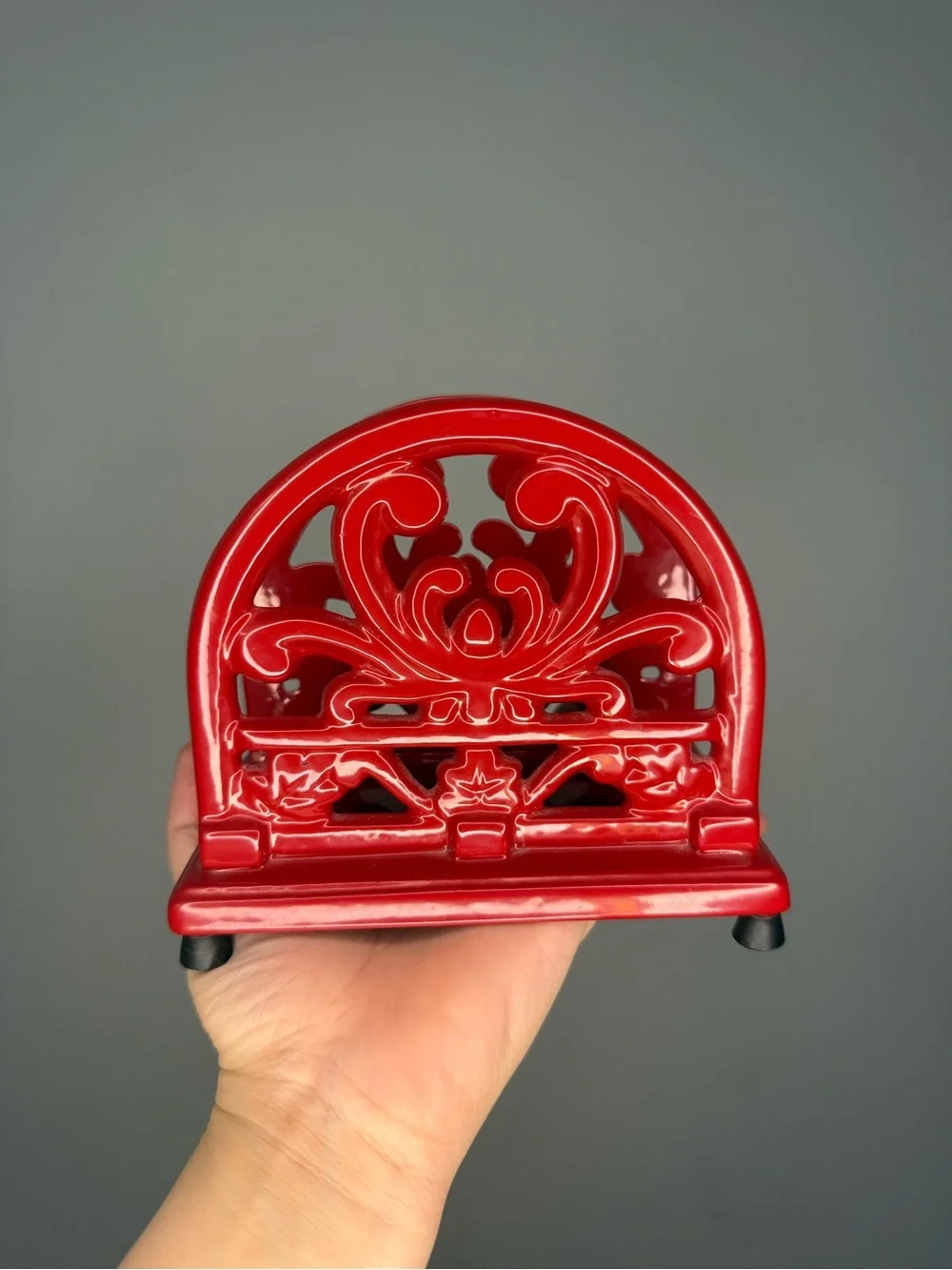 Vintage Red Enamel Cast Iron Napkin Holder Farmhouse Kitchen Decor